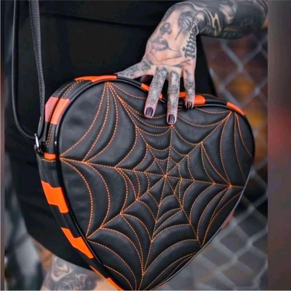 Pumpkin x Kult Love Pain and Stitches Black Orange Spiderweb Heart Crossbody Bag